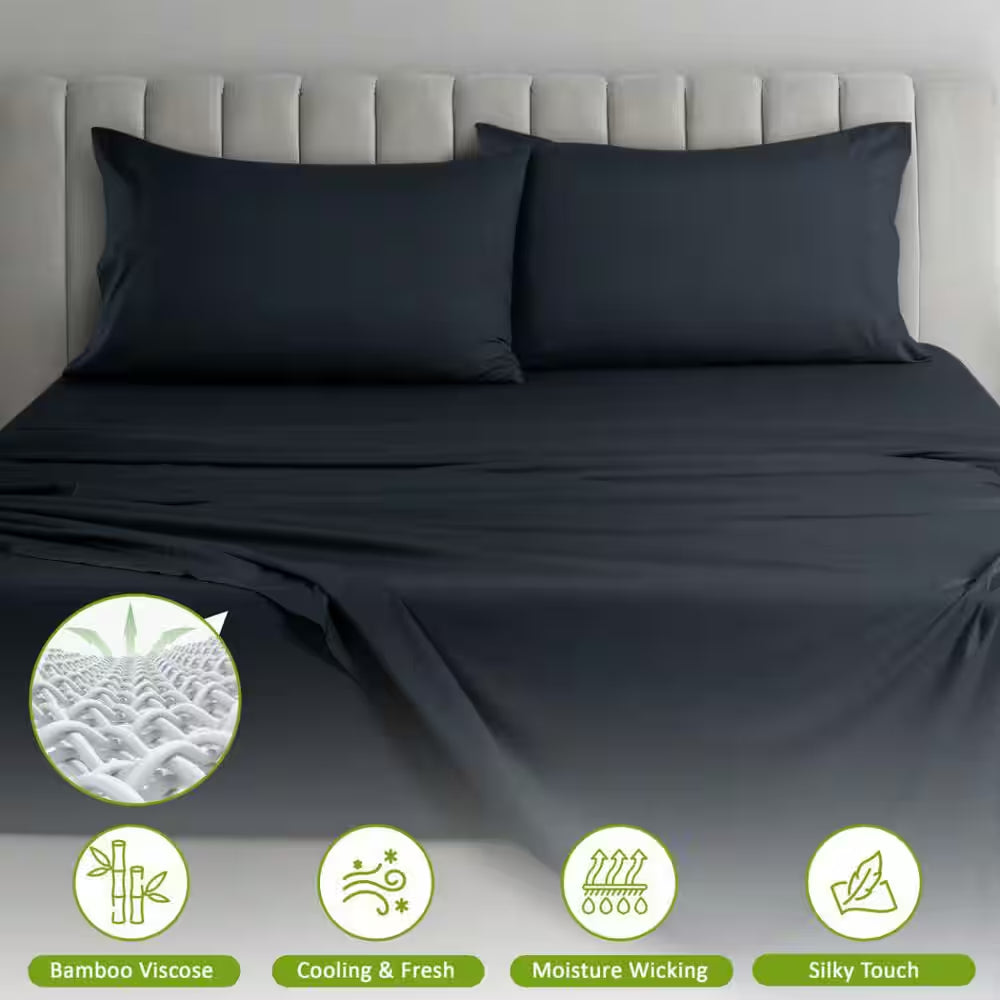 4-Piece Black Solid Color Bamboo Blend Queen Sheet Set