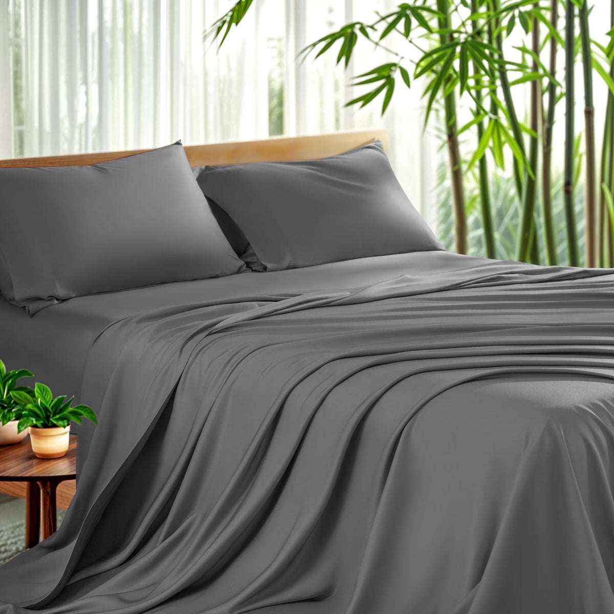 Breathable Bamboo Bed Sheet Set - Deep Pockets - 4 Piece, Queen, Dark Gray