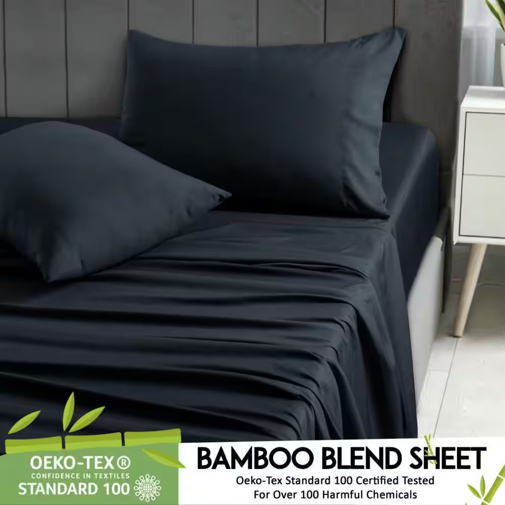 4-Piece Black Solid Color Bamboo Blend Queen Sheet Set