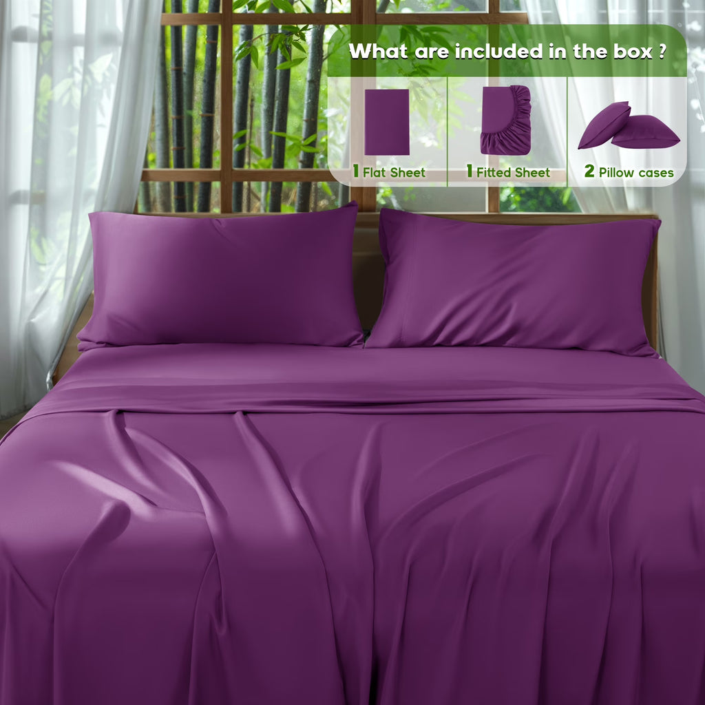 Breathable Bamboo Bed Sheet Set - Deep Pockets - 4 Piece, California King, Purple