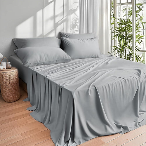 Sheets Queen Bed Sheet Set, 100% Rayon Derived from Bamboo, Luxuriously Soft, Cooling, Double Stitching, 16" Deep Pockets (Queen, Silver)