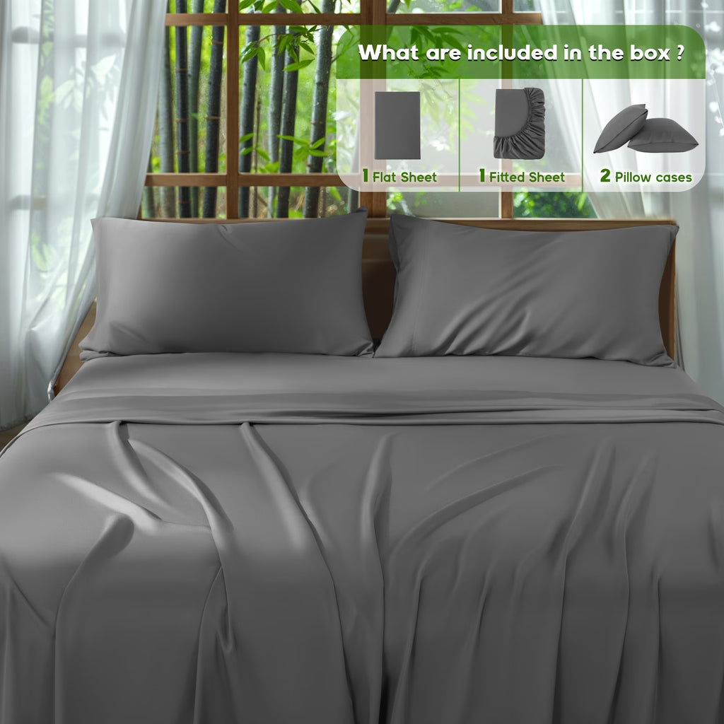 Breathable Bamboo Bed Sheet Set - Deep Pockets - 4 Piece, Queen, Dark Gray