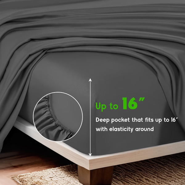 Breathable Bamboo Bed Sheet Set - Deep Pockets - 4 Piece, Queen, Dark Gray