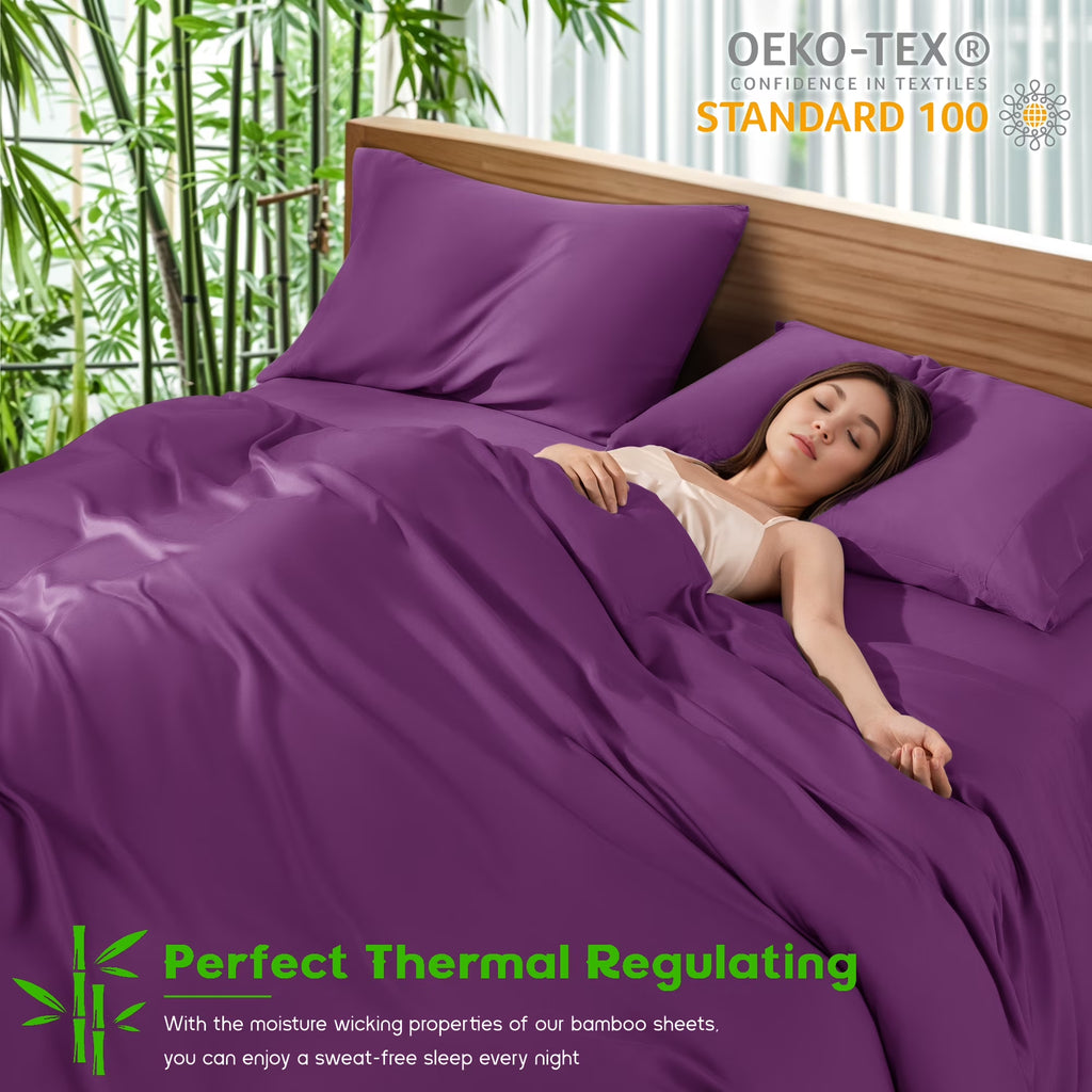 Breathable Bamboo Bed Sheet Set - Deep Pockets - 4 Piece, California King, Purple