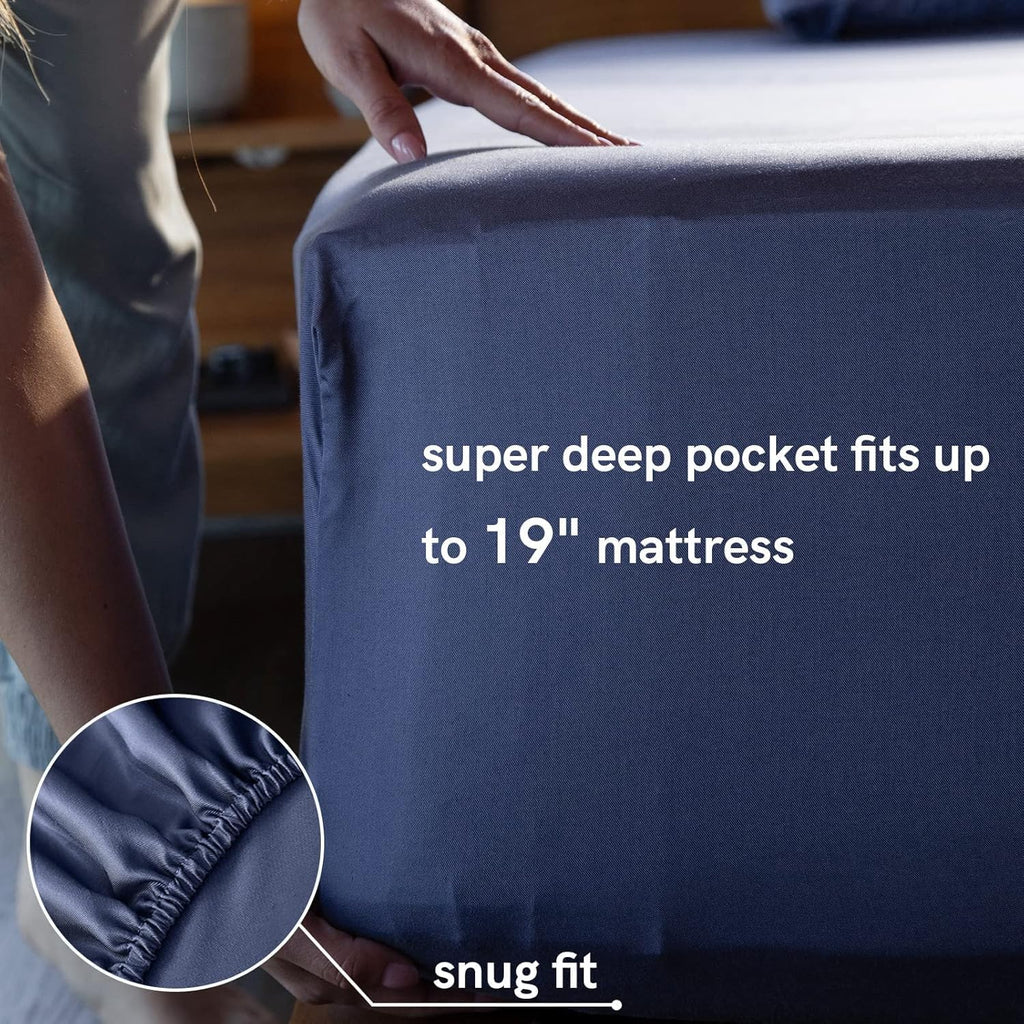 Cooling Bed Sheet Set with 100 Percent Rayon Derived from Bamboo, 500TC Fabric with 2 Pillowcases and Flat Sheet, Deep Pocket Fit 19'', Silky-Soft & Sweat Wicking, 4 Piece (King, Blue Grey)