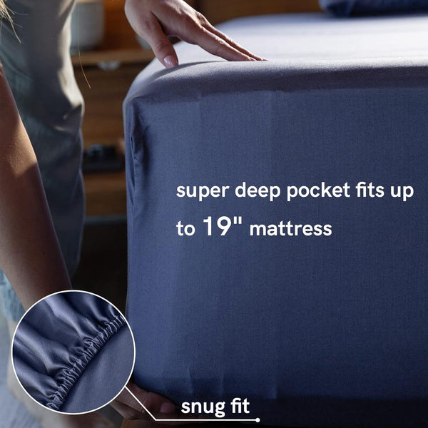 Cooling Bed Sheet Set with 100 Percent Rayon Derived from Bamboo, 500TC Fabric with 2 Pillowcases and Flat Sheet, Deep Pocket Fit 19'', Silky-Soft & Sweat Wicking, 4 Piece (King, Blue Grey)