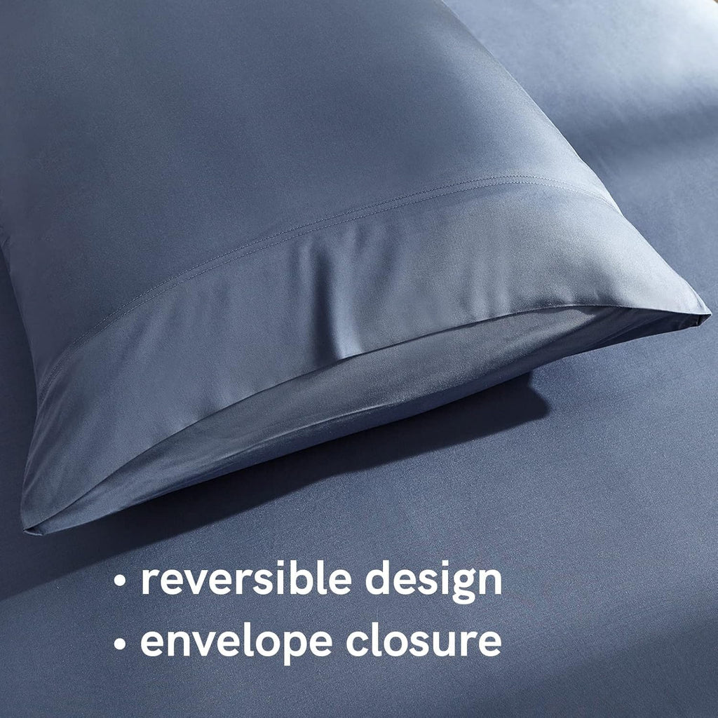 Cooling Bed Sheet Set with 100 Percent Rayon Derived from Bamboo, 500TC Fabric with 2 Pillowcases and Flat Sheet, Deep Pocket Fit 19'', Silky-Soft & Sweat Wicking, 4 Piece (King, Blue Grey)