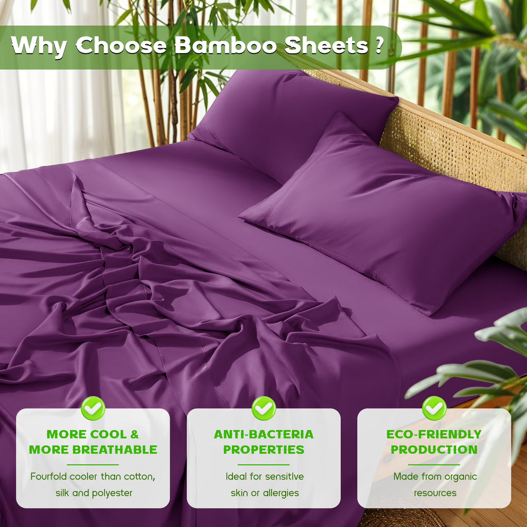 Breathable Bamboo Bed Sheet Set - Deep Pockets - 4 Piece, California King, Purple