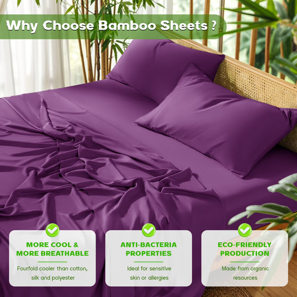 Breathable Bamboo Bed Sheet Set - Deep Pockets - 4 Piece, California King, Purple