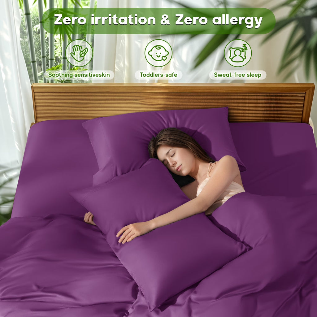 Breathable Bamboo Bed Sheet Set - Deep Pockets - 4 Piece, California King, Purple