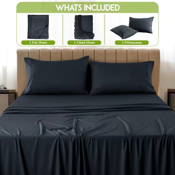 4-Piece Black Solid Color Bamboo Blend Queen Sheet Set