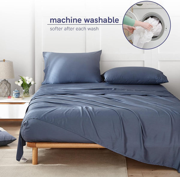 Cooling Bed Sheet Set with 100 Percent Rayon Derived from Bamboo, 500TC Fabric with 2 Pillowcases and Flat Sheet, Deep Pocket Fit 19'', Silky-Soft & Sweat Wicking, 4 Piece (King, Blue Grey)