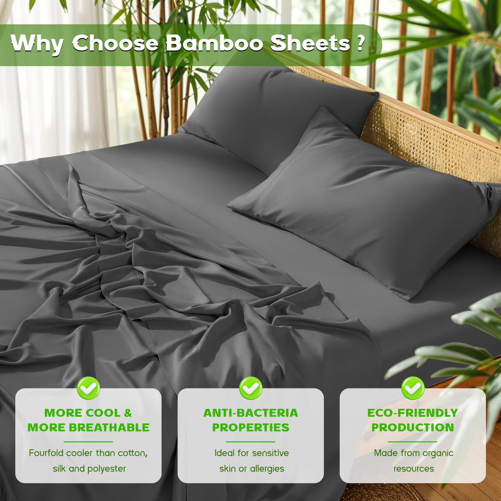 Breathable Bamboo Bed Sheet Set - Deep Pockets - 4 Piece, Queen, Dark Gray