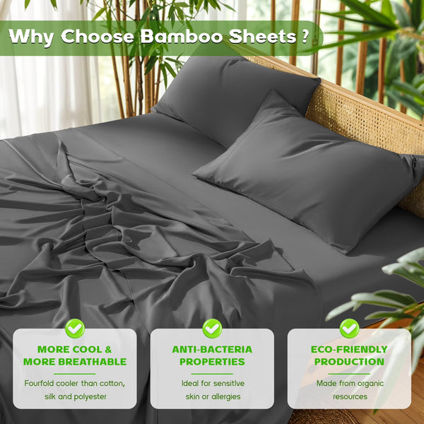 Breathable Bamboo Bed Sheet Set - Deep Pockets - 4 Piece, Queen, Dark Gray