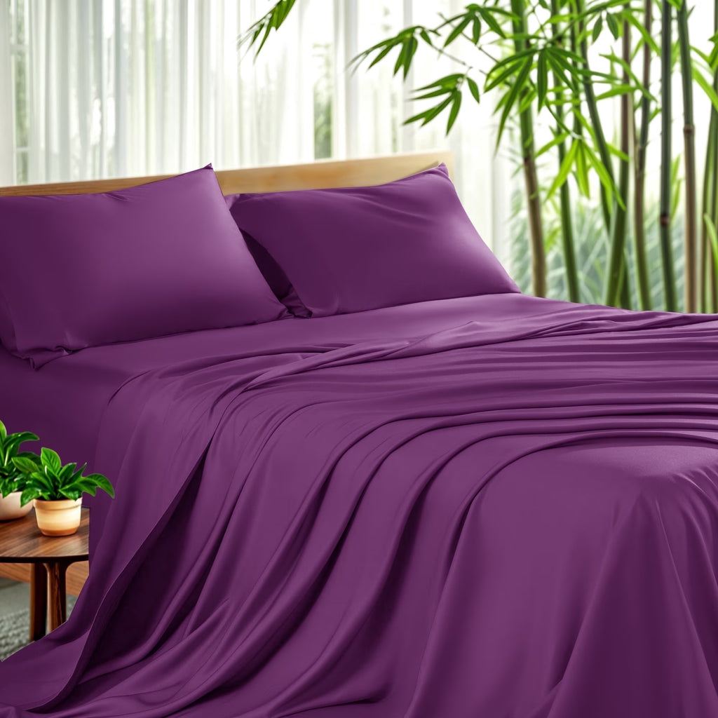 Breathable Bamboo Bed Sheet Set - Deep Pockets - 4 Piece, California King, Purple