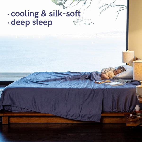 Cooling Bed Sheet Set with 100 Percent Rayon Derived from Bamboo, 500TC Fabric with 2 Pillowcases and Flat Sheet, Deep Pocket Fit 19'', Silky-Soft & Sweat Wicking, 4 Piece (King, Blue Grey)
